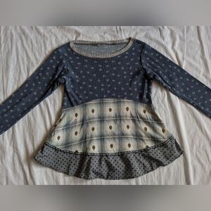 Boho Cottagecore Mixed Print Patchwork Long Sleeve Thermal Tunic Top Sz M